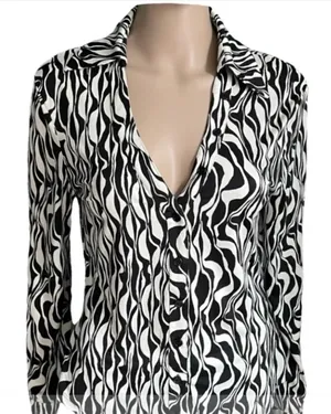 Zara Black White Geometric Print Blouse Career Button Down S thumbnail 1