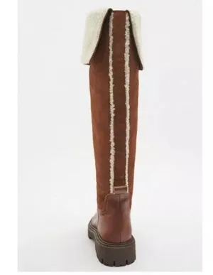 Zara Brown Cognac Chestnut Leather Suede Shearling Over the Knee High Tall Boots thumbnail 2