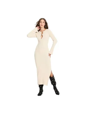 Future Collective Womens Ribbed Maxi Dress Long Sleeve Cream Off White M thumbnail 6