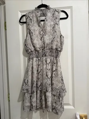 NWT She & Sky Sleeveless Snake-Print Tiered Dress in Gray and White thumbnail 3
