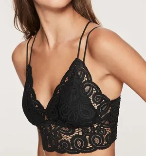 Victoria's Secret PINK L Large‎ Lace Bralette Bra Black Lace Strappy Smocked thumbnail 1