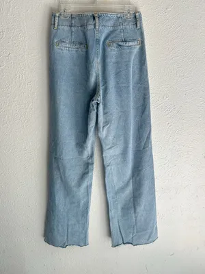 ZARA High Rise Sailor Button Wide Leg Jeans Raw Hem Light Wash US 6 thumbnail 6