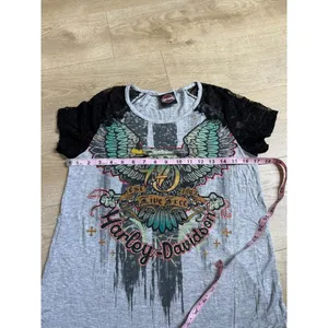 EUC Womens Harley Davidson Motorcycle Top Black Lace short sleeve Eagle size M thumbnail 9