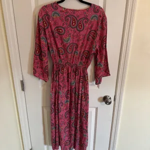 Sacred Threads Cotton Paisley Pink Women's Empire Waist Flair Sleeve Dress S Med thumbnail 5