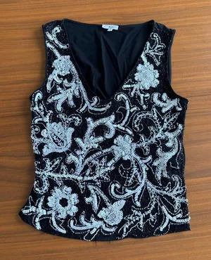 90s Vintage Cache Top Large Black White Beaded Sequin Floral Y2K Glam Whimsygoth thumbnail 1