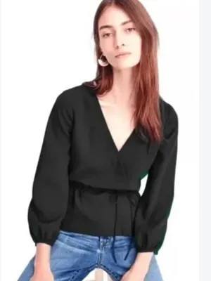 J.Crew Drapey Crepe Faux Wrap Top Blouse Black Size 8 Tailored Elegant Office thumbnail 3