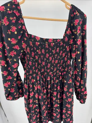 Old Navy Black Long-Sleeve Floral Square-Neck Dress smocked L dark romance thumbnail 3
