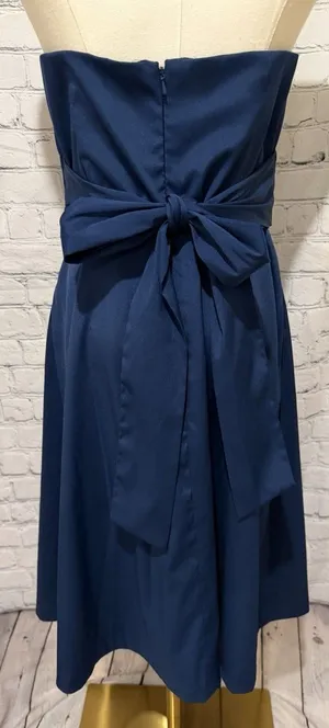 Donna Ricco Dark Navy Blue Strapless Satin Dress Gown V-notch Belted Size 8 thumbnail 1