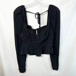 Free People Medium Top Chloe Long Sleeve‎ Smocked Black Regency Romantic 1296 thumbnail 5