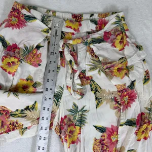 Salty Lemon Floral Wide‎ Leg Tulip Hem Pants White Pink Yellow Large Tropical thumbnail 6