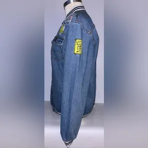 Denim Varsity Jacket Button Front Patches Pockets Size Medium Y2K Retro Vibe Blue thumbnail 5