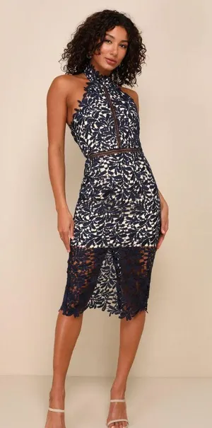 Lulus Divine Destiny Navy Blue Lace Midi Dress thumbnail 1