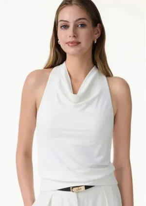 OGL Women Small White Stretch Linen Blend Cowl Neck Tank Top Brand New thumbnail 1