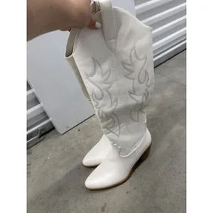 Women's White Western Cowboy Cowgirl Knee-High Boots Pointed Toe Embroidered - 9 thumbnail 9