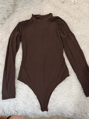Abercrombie & Fitch soft matte bodysuit with mock neck in brown thumbnail 4