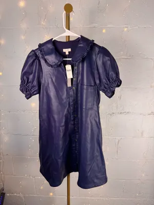 Anthropologie Pilcro Navy Faux Leather Button Front Mini Dress S Collared Puff Sleeve Pockets thumbnail 2