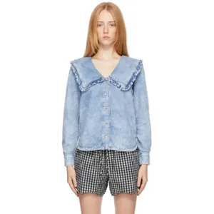 Ganni Peter Pan Collared Ruffle Denim Shirt Indigo Blue 34/XS thumbnail 2