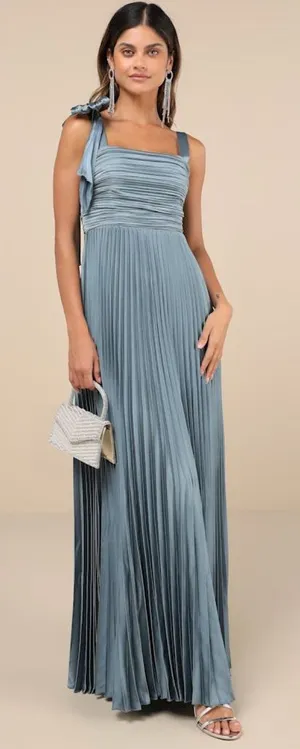 Lulus Gorgeous Purpose Slate Satin Pleated Sleeveless Bow Maxi Dress Size Medium thumbnail 1