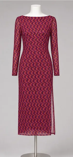 MISA Los Angeles MISA Vivian Geo Sixty Mesh Midi Dress M Retro 60’s Mod Bodycon Side Slit Autumn thumbnail 1