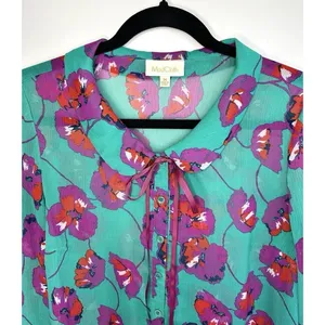 ModCloth Floral Blouse Size‎ Medium Peter Pan Collar Bow Chiffon Artsy Teacher thumbnail 2