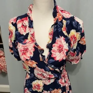 Old Navy Womens Wrap Dress Navy Pink Floral Ruffle Midi Small thumbnail 3