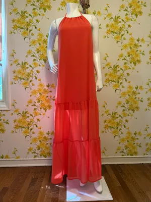 Backless Halter Tiered Maxi Dress in Orange size M thumbnail 3