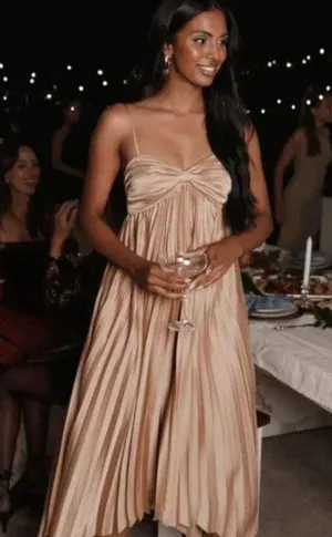 Petal & Pup Vikki Gold Satin Pleated Asymmetrical Hem Midi Dress 2 thumbnail 8