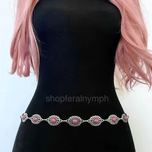 Silver Y2K Pink Stone Concho Waist Chain Belt, Fits 24.5-42.5 Inches, X7GA1298 thumbnail 3