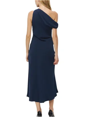 Aritzia TEN Klea One Shoulder Cowlneck Navy Matte Satin Midi Dress MEDIUM thumbnail 2