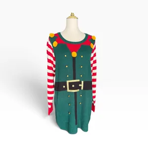 Isela Elf Ugly Christmas Sweater XL NWT 3D Bells Pom Poms Striped Holiday Tunic thumbnail 2