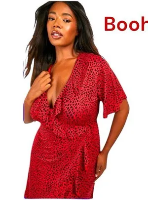 Boohoo Red Asymmetrical Ruffled faux Wrap Dress thumbnail 2