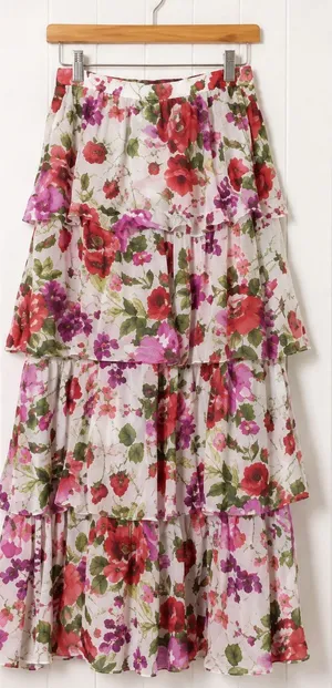 Abercrombie & Fitch Floral XS Tiered Maxi Skirt Women White Pink Red Ruffle thumbnail 1