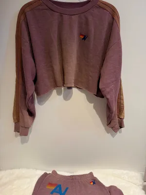 Aviator Nation Classic Stripe Cropped Crew & Sweatpants Set – Faded Mocha – S/XS – Preloved thumbnail 4