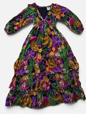 FARM Rio Star Fruit Floral Tiered Maxi Dress in Purple, Green & Yellow Sz Small thumbnail 4