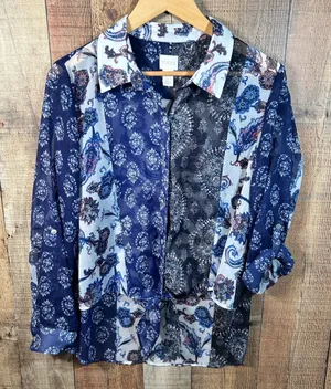 Chico's Blue Paisley Sheer Button Up Roll Tab Sleeve Front Tie Top Size 1 Boho thumbnail 1