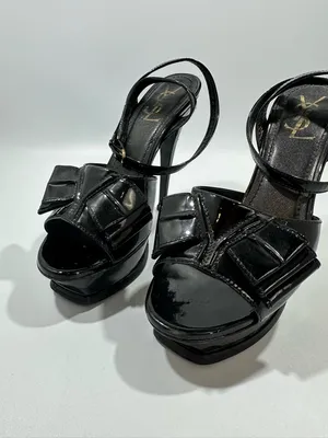 Yves Saint Laurent YSL Tribute Y Bow Black Patent Leather Platform Sandals 38.5 thumbnail 2