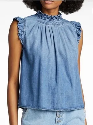 Frame Denim Joanie Top Sleeveless Ruffle Blue Size S thumbnail 1