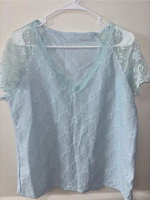 SHEIN Pale Blue Lace V-Neck Blouse thumbnail 1