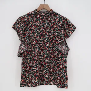 SHEIN Black Floral Mock Neck Flutter Sleeve Blouse Large thumbnail 2