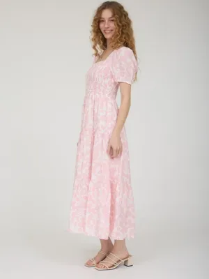 Soft Pink Floral Smocked Midi Dress Puff Sleeves Last One Size Medium thumbnail 3