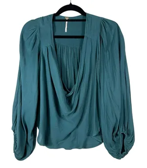 Free People Draped Cowl Neck Poet‎ Blouse Top Silky Flowy Blue Boho Romantic XS thumbnail 1