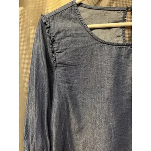 C Women's Blue Solid Denim Blouse M Round Neck Long Puff Sleeve Smocked Cuff New thumbnail 3