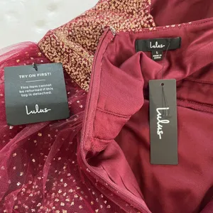 Lulus Ballerina Dream Burgundy‎ and Gold Sleeveless Skater Dress LARGE NWT thumbnail 9