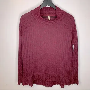 Free People Clarissa Mock Neck Ribbed‎ Burgundy Sweater Size S thumbnail 2