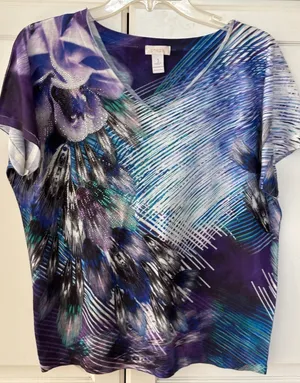 Chicos Purple Blue Abstract Floral Feather Rhinestone Top Size 1‎ Medium thumbnail 1