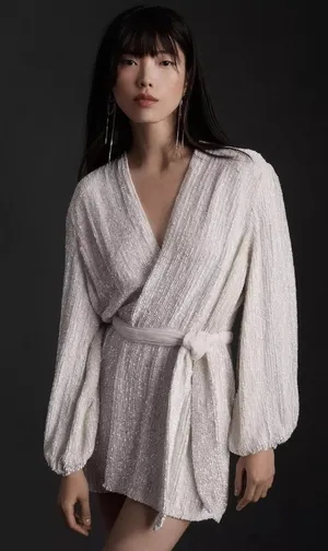 NWT retrofete Gabrielle Robe in Moonglow White Sequin Mini Wrap Dress S $635 thumbnail 1