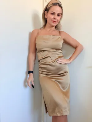 Almina Concept Draped Slip Dress in Camel Tan thumbnail 2