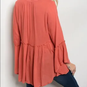 Coral Boho Crochet Lace Up V Neck Bell Sleeve Babydoll Hi Low Top Blouse Size S thumbnail 2