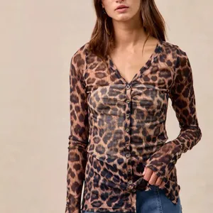 BiBi Leopard Printed Mesh‎ Shirt With Button Up V Neck Size XL thumbnail 14