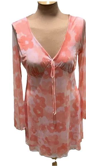 See You Monday Floral Mesh Empire Waist Dress‎ Retro 70's Groovy thumbnail 1
